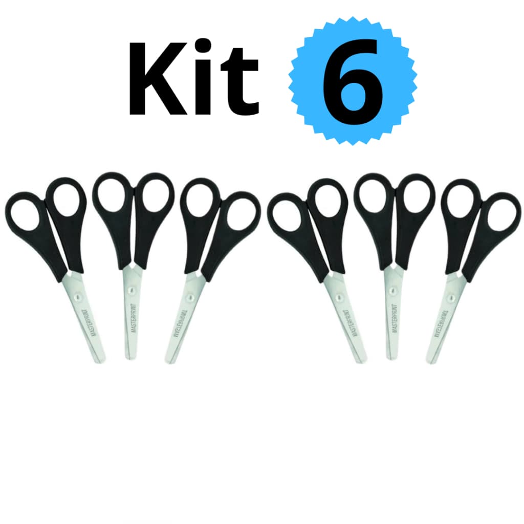 Kit 6 Tesouras Escolar 13cm Cabo Preto Sem Ponta Infantil Masterprint