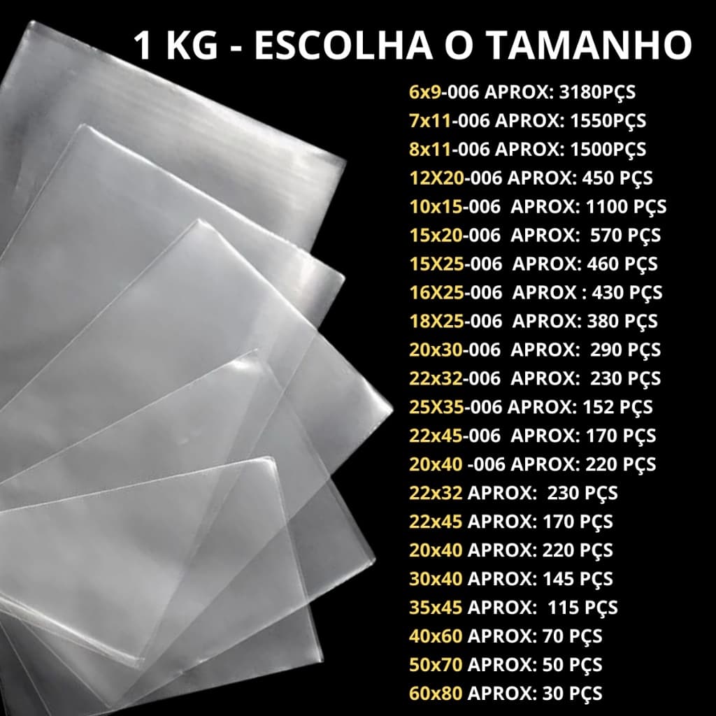 1kg Saco Plástico Transparente PP, Embalagem Brilhante tipo Celofane, saquinho Incolor- Vários Tamanhos- Fabricação Própria Envio Imediato