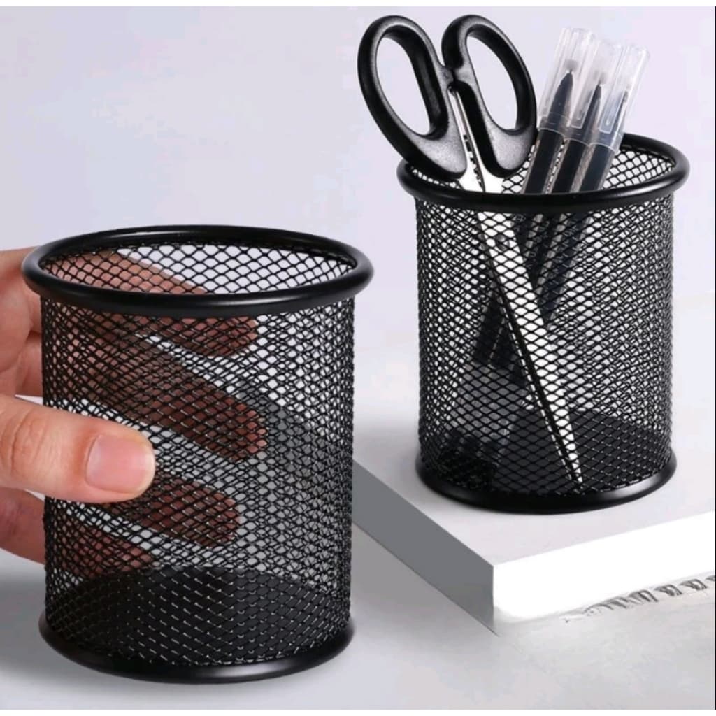 kit dois porta caneta lápis tesoura aramado metal redondo preto