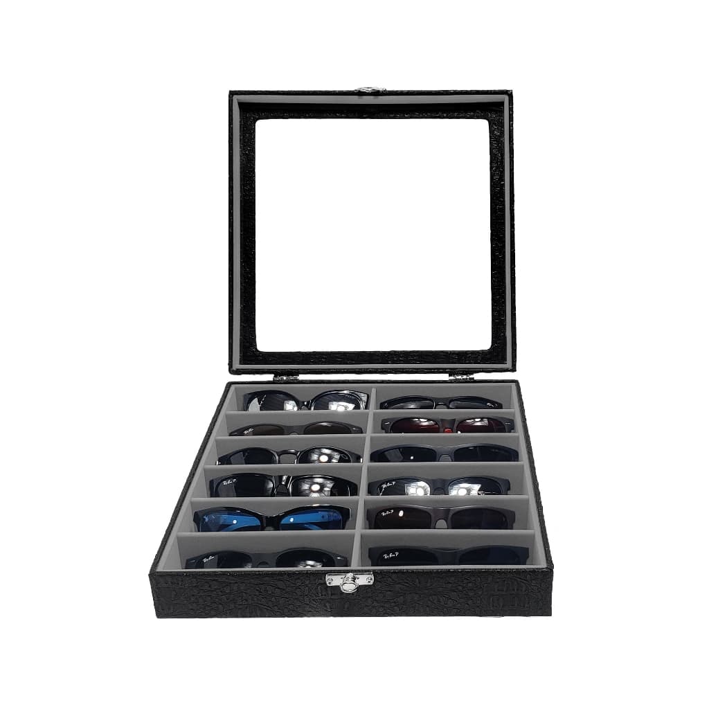 Maleta Caixa Estojo Organizador 12 Óculos Preto Interno Aveludado Cinza