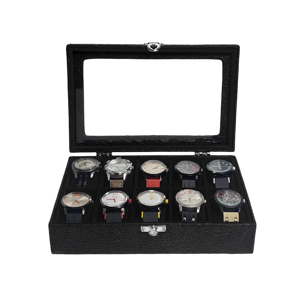 Caixa Maleta Estojo Guarda 10 Relógios Preto Com Interno Aveludado Preto