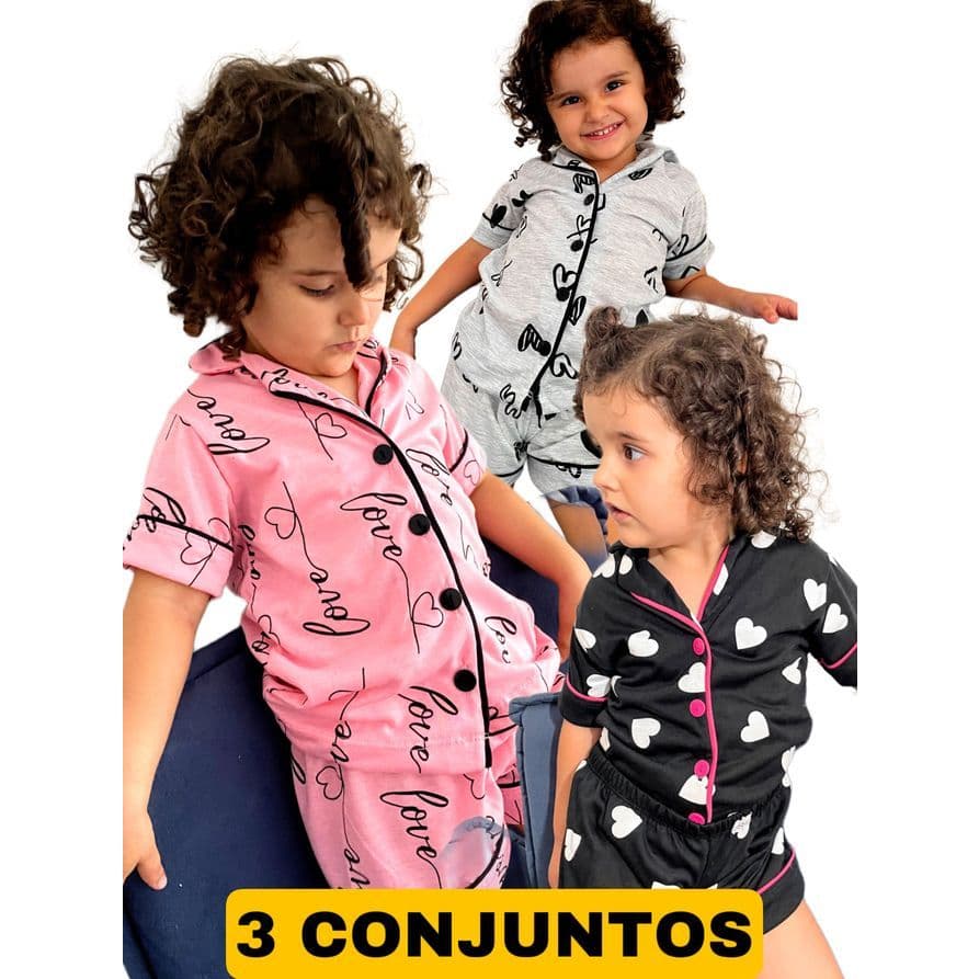 Kit 3 Pijama Americano de Menina Infantil Criança Blusa Short Blogueira De Botões Verão Curto