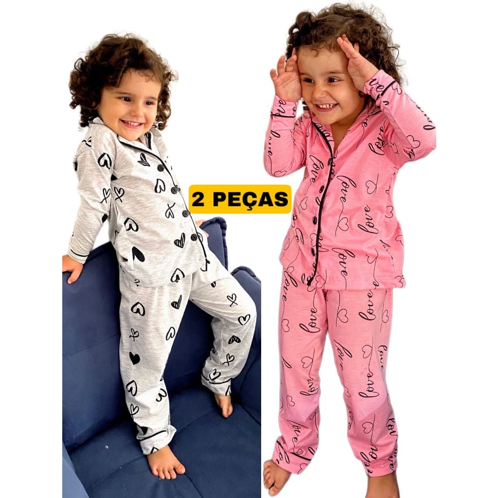 KIT 2 Pijama Infantil De Menina Americano Inverno Criança Blusa e Calça de Frio Botão Manga Comprida
