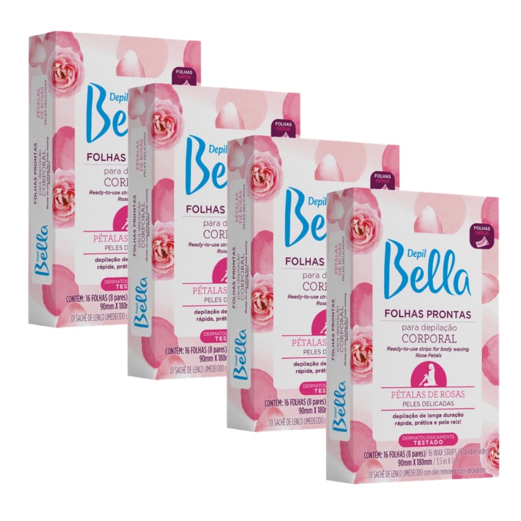 Kit 4 Cx Folhas Prontas Corporal Pétalas Rosas Depil Bella - 64 Un.