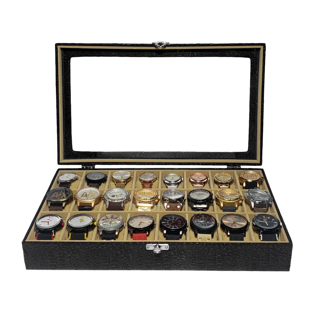 Organizador Para 24 relógios com Vidro Preto Interno Bege