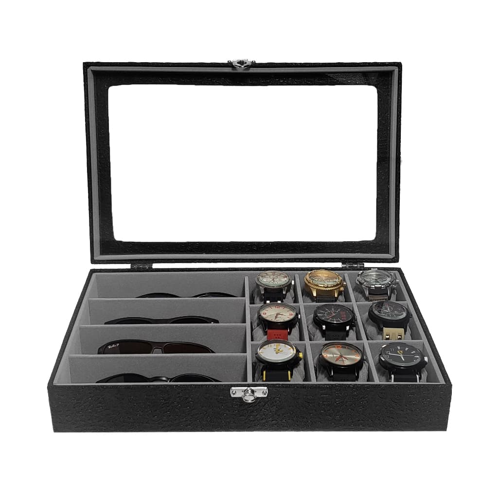 Estojo Caixa para 9 Relógios e 4 Óculos Preto com Interno Cinza