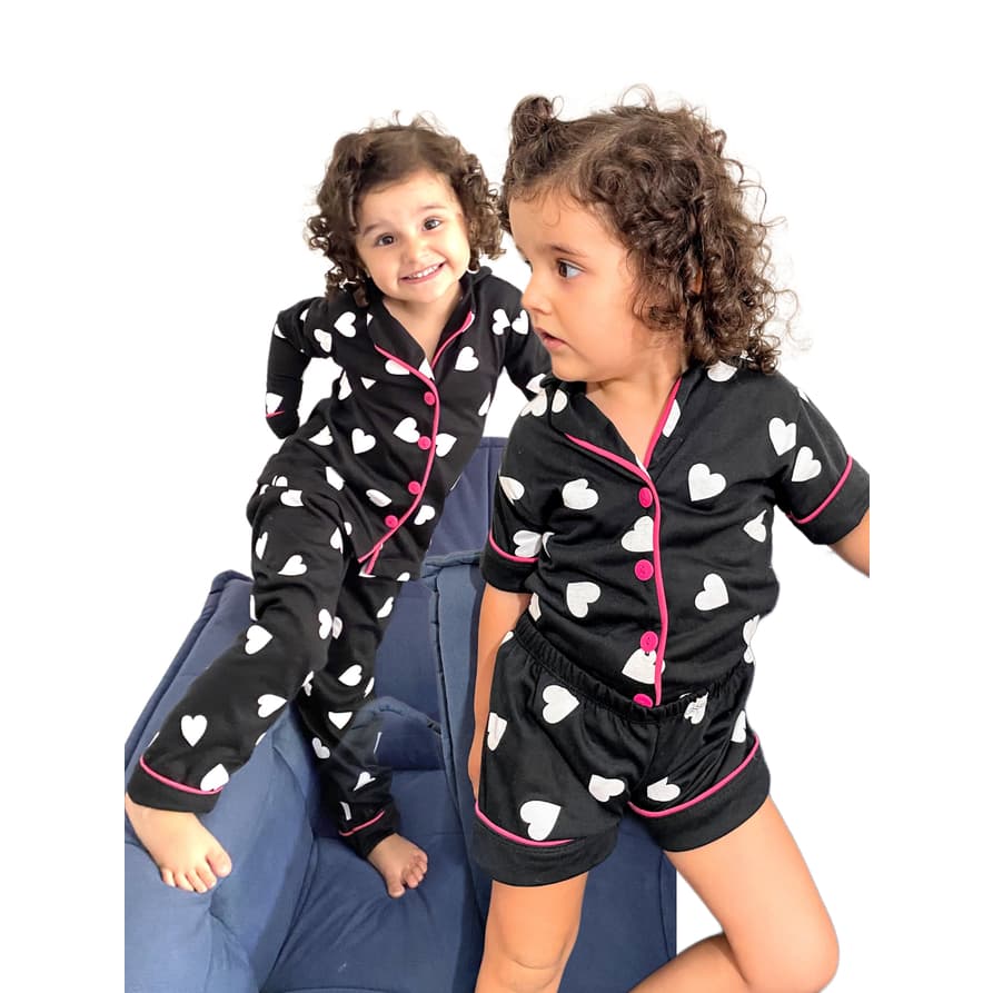 Kit 2 Pijama Infantil De Menina Americano Curto e Longo Criança Short Doll E Pijama Longo Garota Blogueira De Botões