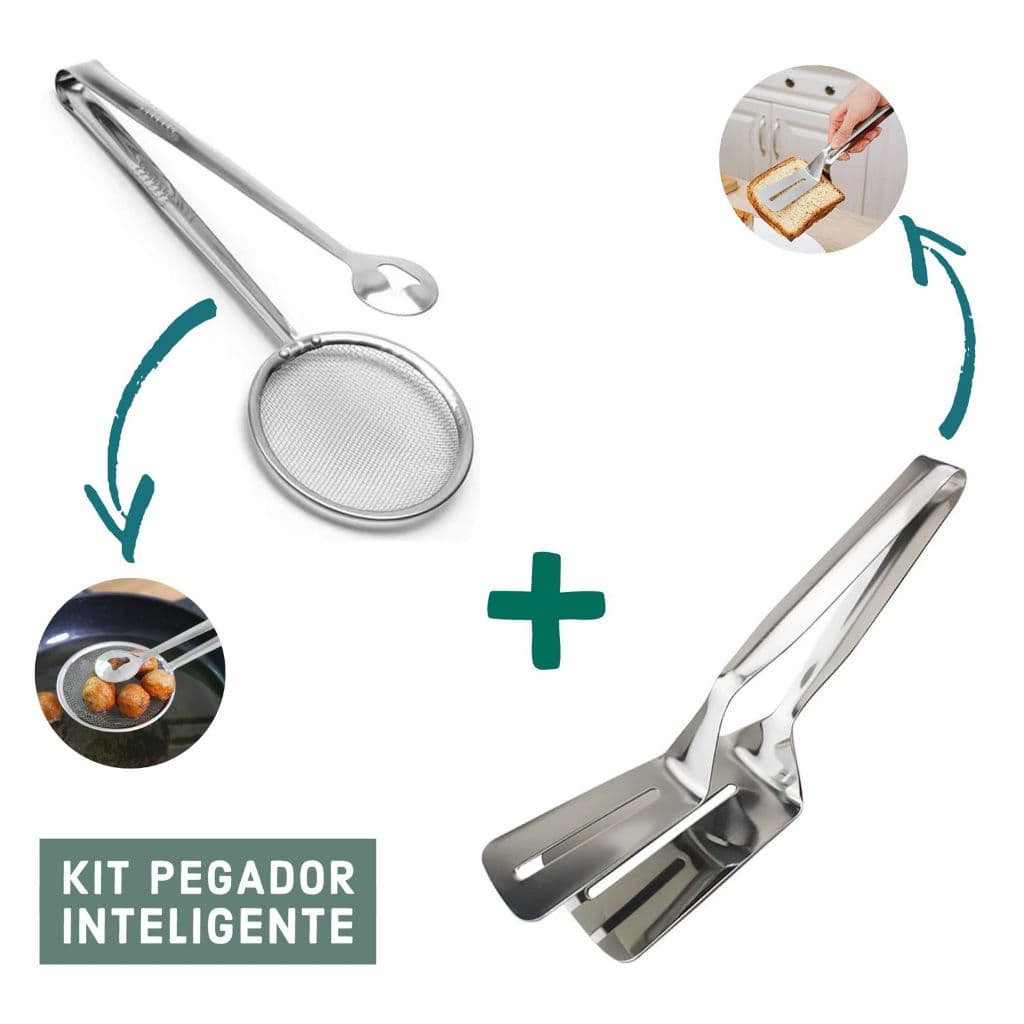 Pegador Inox Fritura Escumadeira Pinça Peneira ou Espátula Dupla Para Carne Ovo Pizza Cozinha