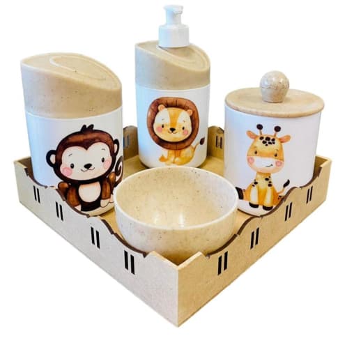 Kit Higiene Bebê Safari c/ Bandeja Quadrada Crua em MDF