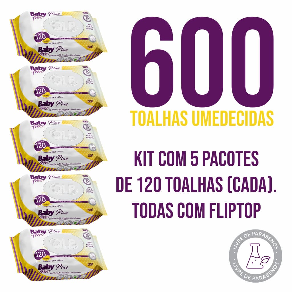 Caixa com 5 Lenços/Toalhas Umedecidas Baby Free Plus c/ 120 Unidades Cada – Tampa FlipTop