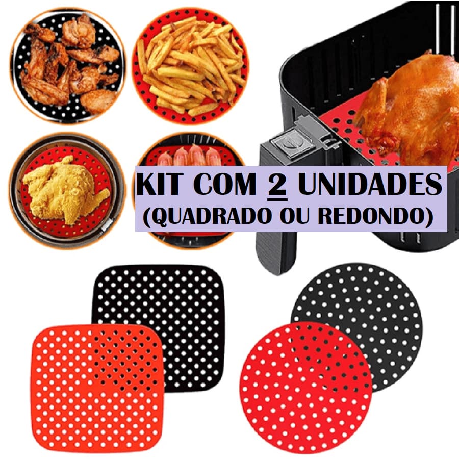 Kit Com 2 Tapete Protetor Silicone Para Air Fryer Fritadeira Universal Não Gruda - Redondo Ou Quadrado