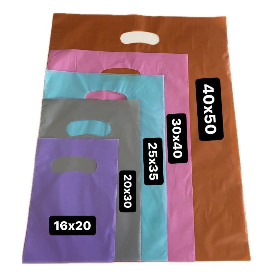 100 Sacolas Plásticas - 16X20 / 20X30 / 25X35 / 30X40 / 40X50 - Boca de Palhaço / Alça Vazada - Loja