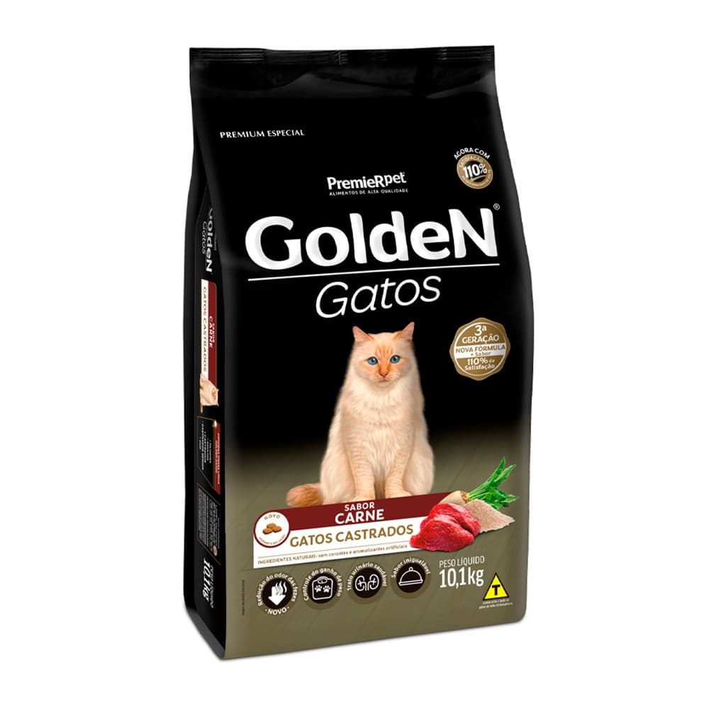 Ração Golden Para Gatos Adultos Castrados Sabor Carne 10Kg