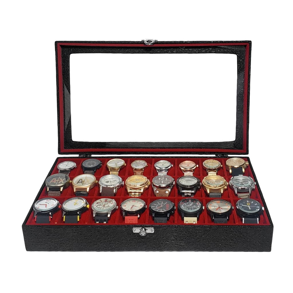 Estojo Para 24 Relógios Preto Com Interno Aveludado Vermelho