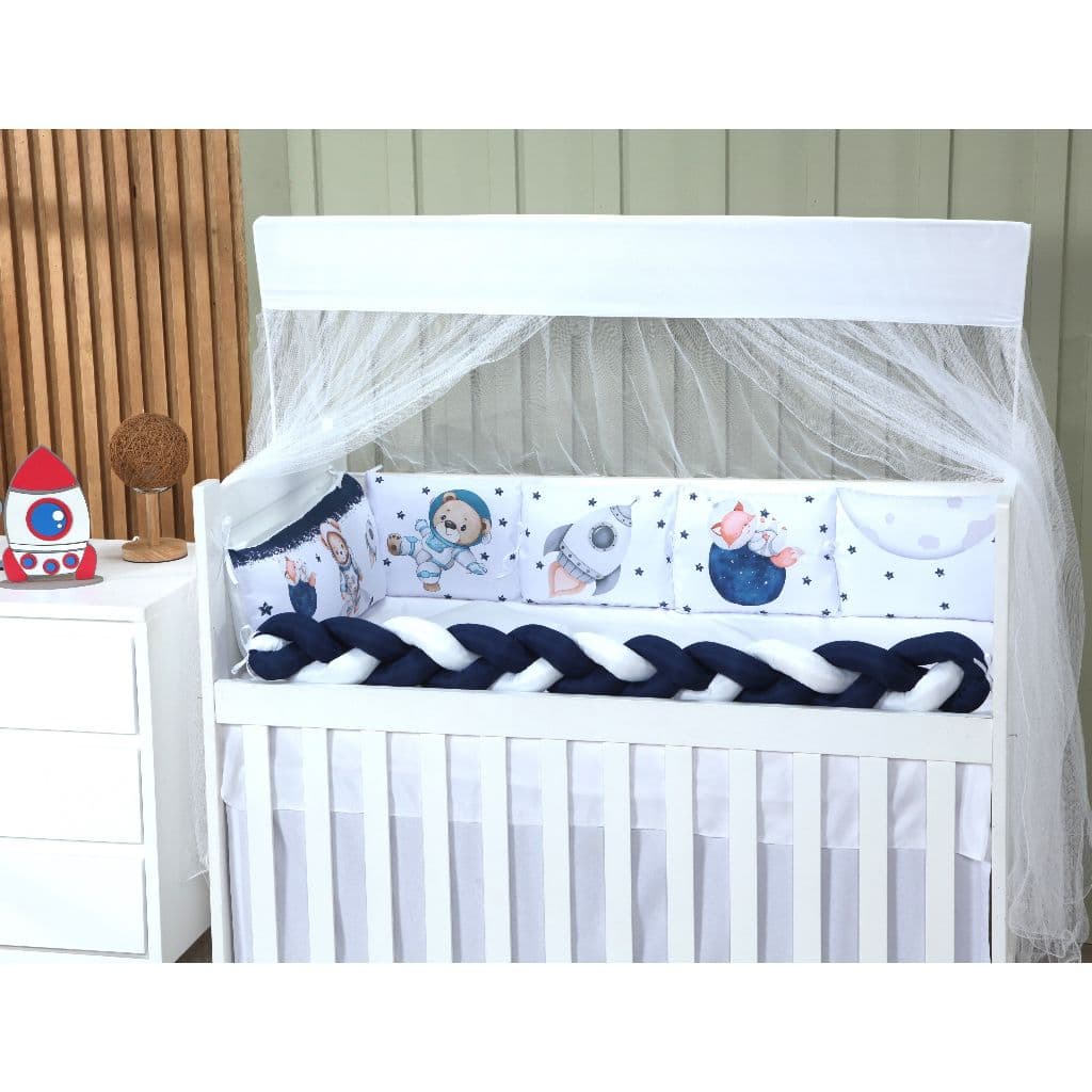 Kit Berço Urso Astronauta Raposa Azul Marinho 10 peças Mosquiteiro Protetor Trança padrão Americano