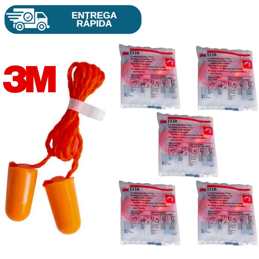 Kit 5 Protetor Auricular Plug De Espuma 3M 1110 Com Cordão Abafador Tampão Ouvido Para Dormir