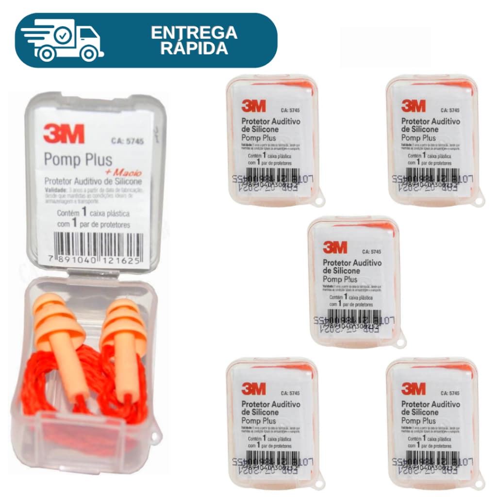 Kit 5 Protetor Auricular Auditivo Plug Silicone Pomp Plus 3M Com Cordão Para Ouvido 19DB Esportivo