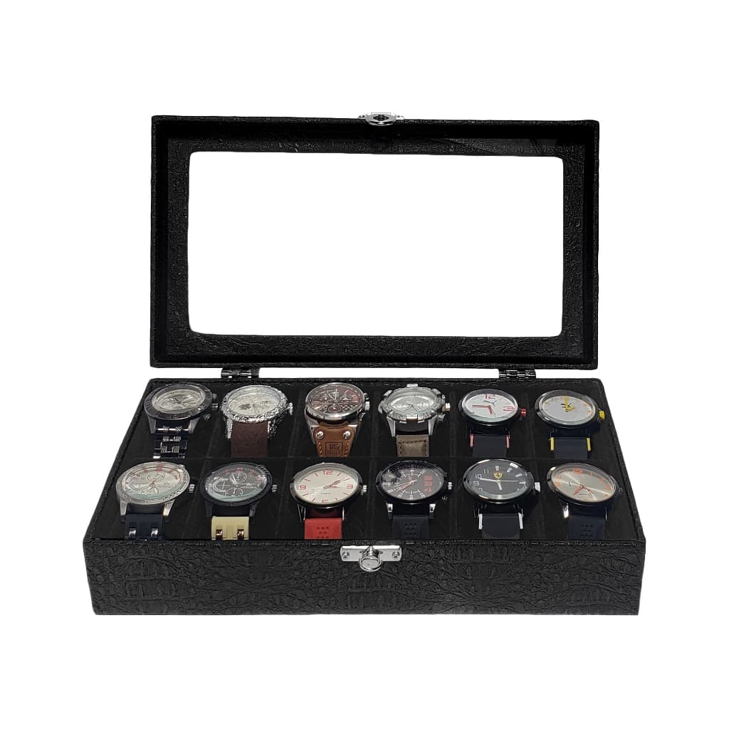 Estojo Preto Para 12 Relógios Externo Em Couro Ecológico