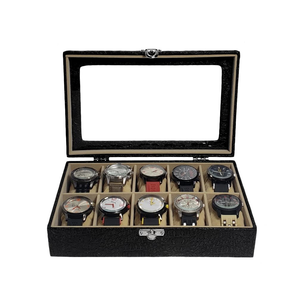 Caixa Maleta Estojo Preto Com Bege Para Guardar 10 Relógios