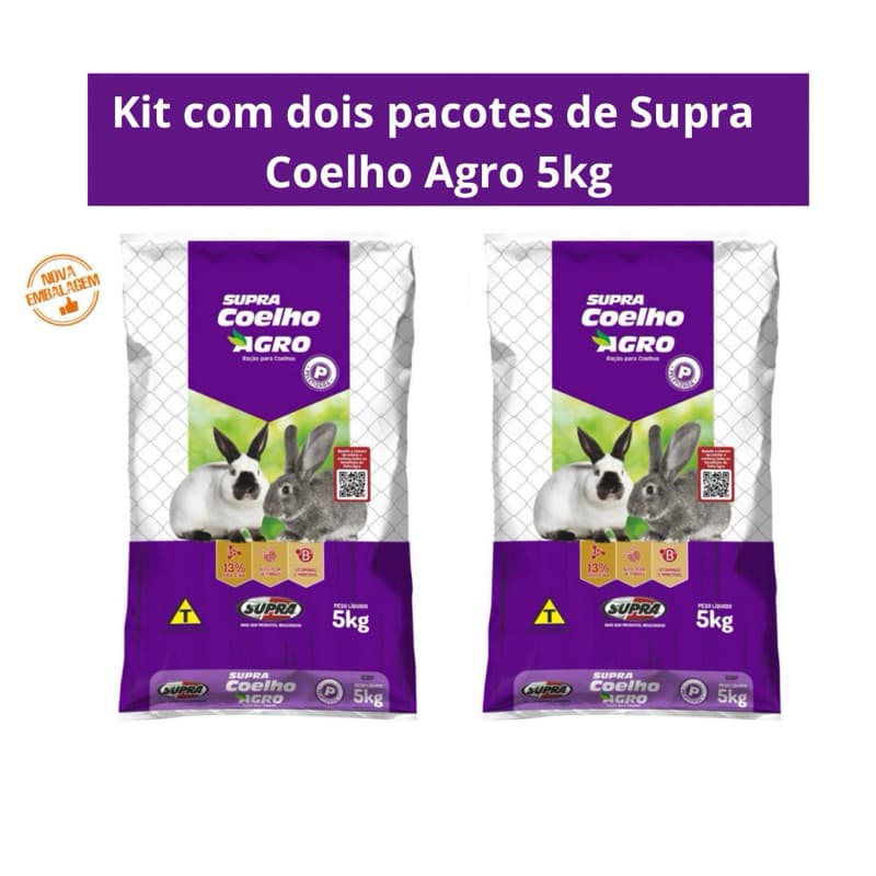 Kit com dois pacotes Ração Supra Coelho Agro 5kg