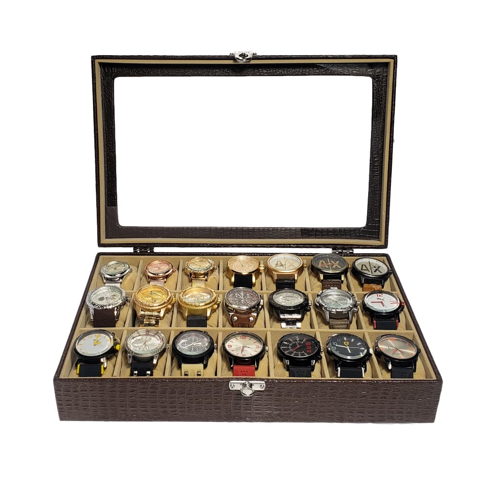 Caixa Estojo Para Guardar 21 Relógios Marrom Com Interno Aveludado Bege