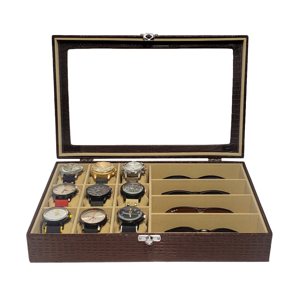 Caixa Estojo Para Relógios E Óculos Marrom Com Interno Aveludado Bege