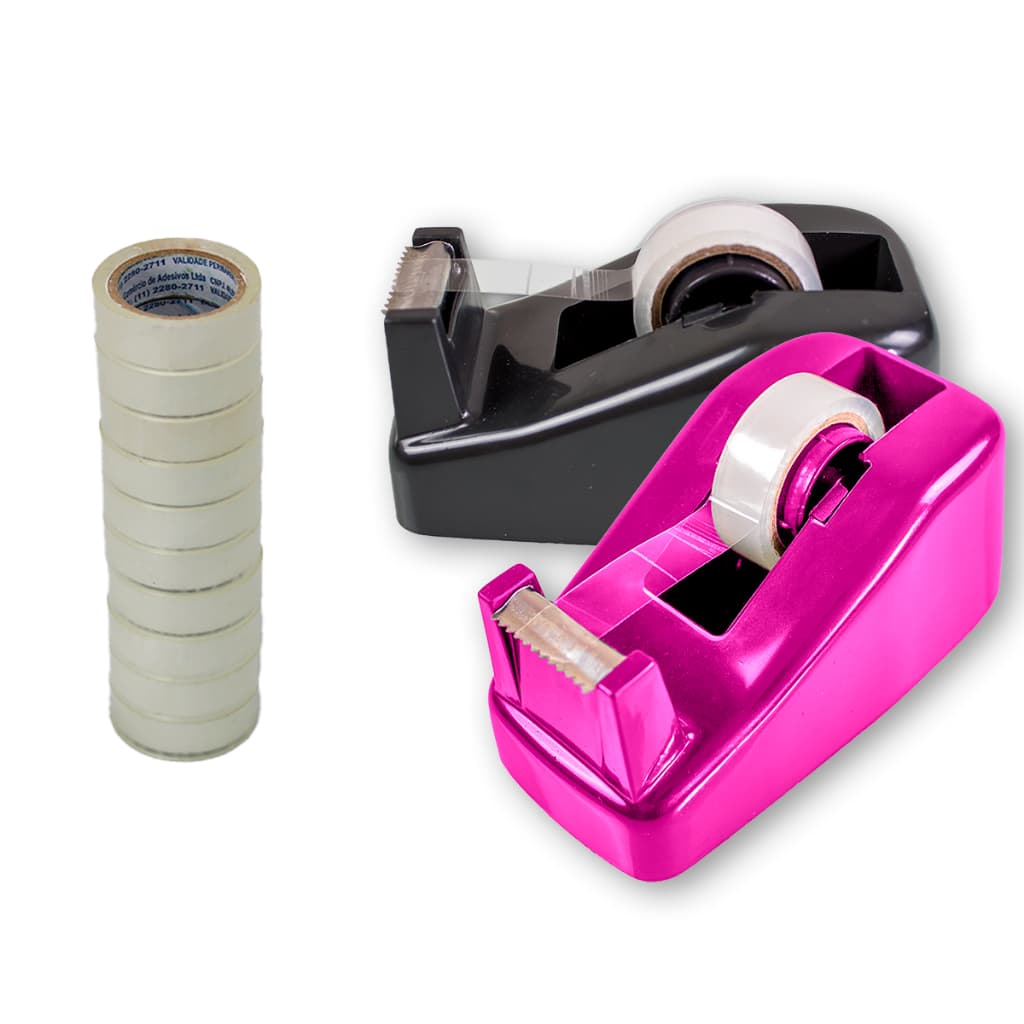 Suporte Para Fita Adesiva Pequeno Porta Durex De Mesa Preto ou Rosa / Kit 10 Fitas 12X10m