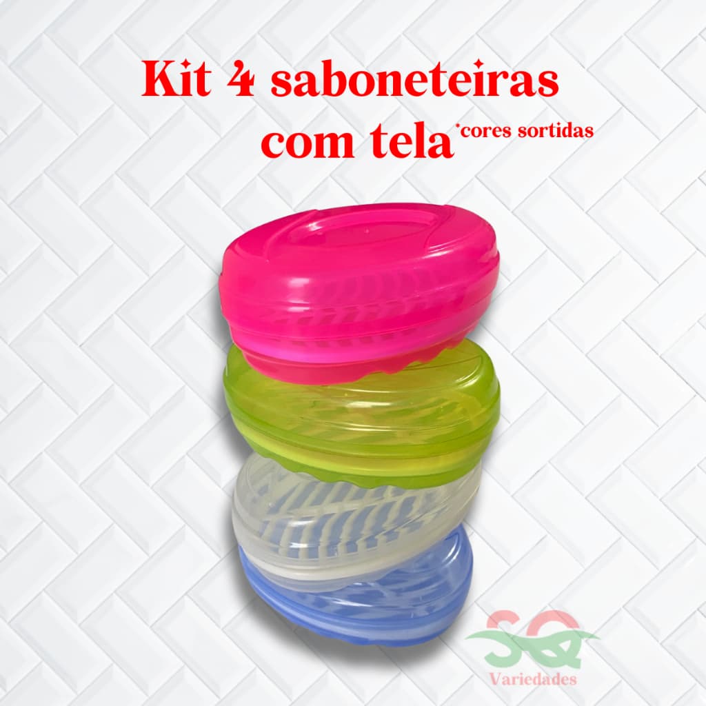 Kit 4 Saboneteira Adulto kit 3 Saboneteira Infantil Com Tela Para Banho Pias Viagem Plástico Atóxico