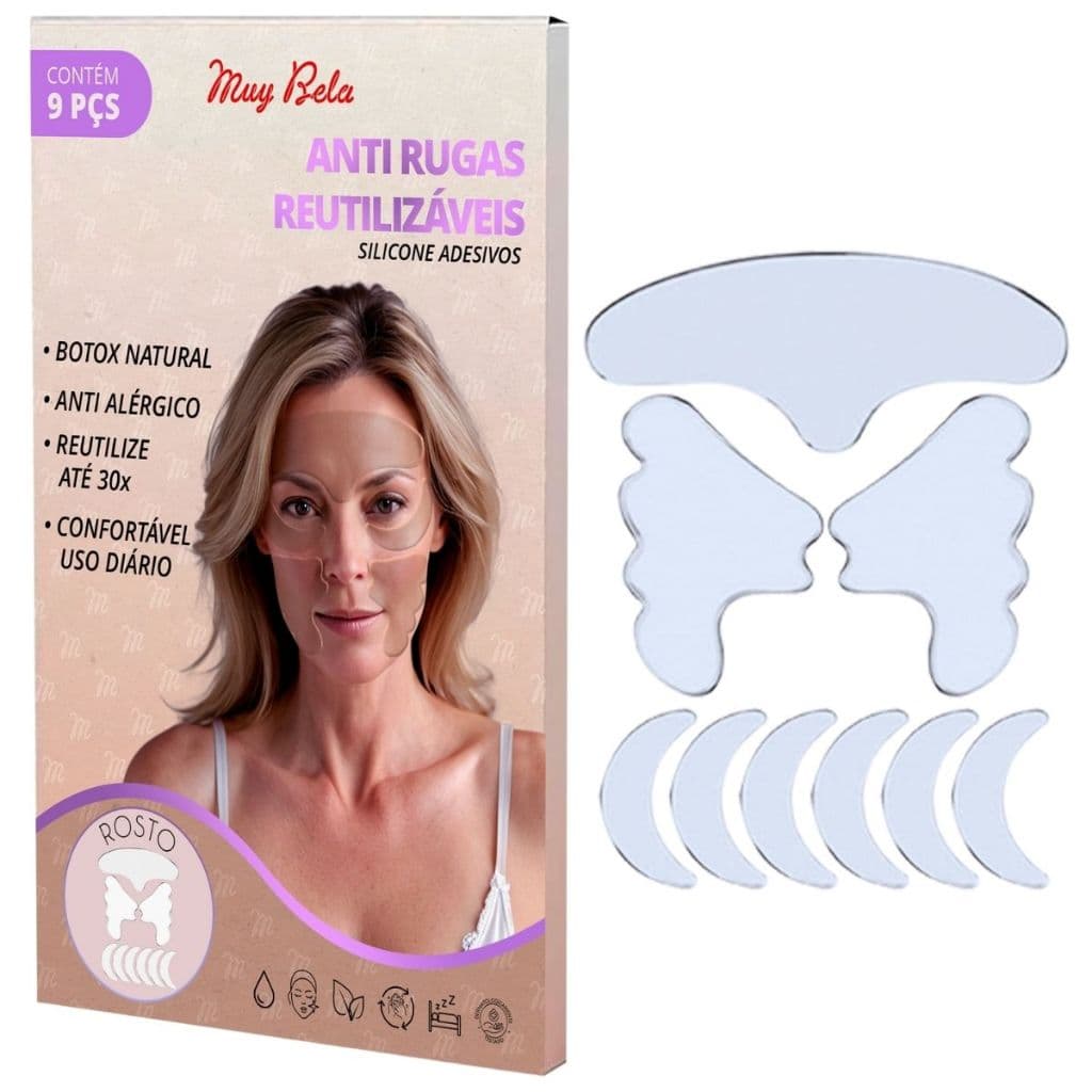 Adesivo Anti Rugas Silicone 9 Peças | Skin care Reutilizável, Reduz Rugas e Linhas, Colágeno, Botox Natural, Até 30 Usos