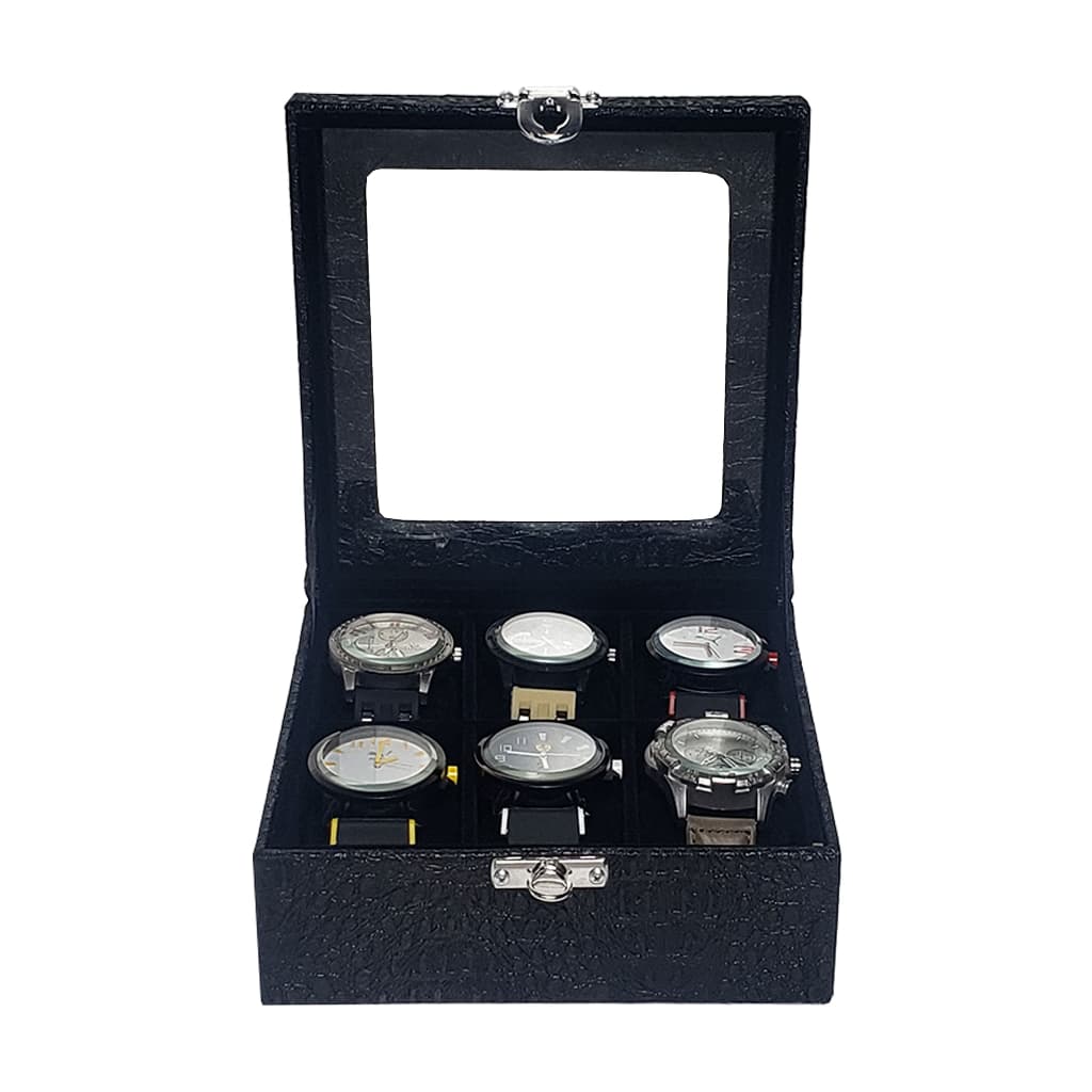 Caixa Maleta Estojo Guarda 6 Relógios Preto Com Interno Aveludado Preto