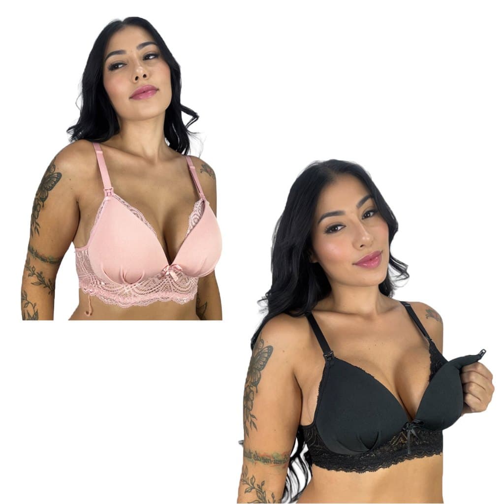 Kit 2 Sutiã Amamentação com Bojo Soft e Renda Gestante Maternidade e Pós Parto