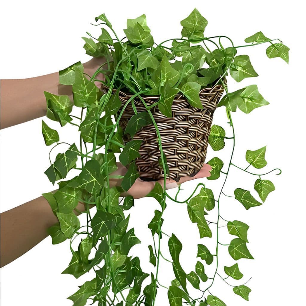 Vaso trançado + 3 Planta Pendurada Verde  Artificial Bambu Parede Varanda