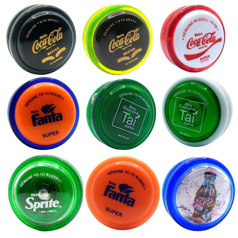 kit 9 yoyos (ioio,yo-yo) Profissional Coca-cola Premium ioioô de eixo fixo Russel + 9 cordas