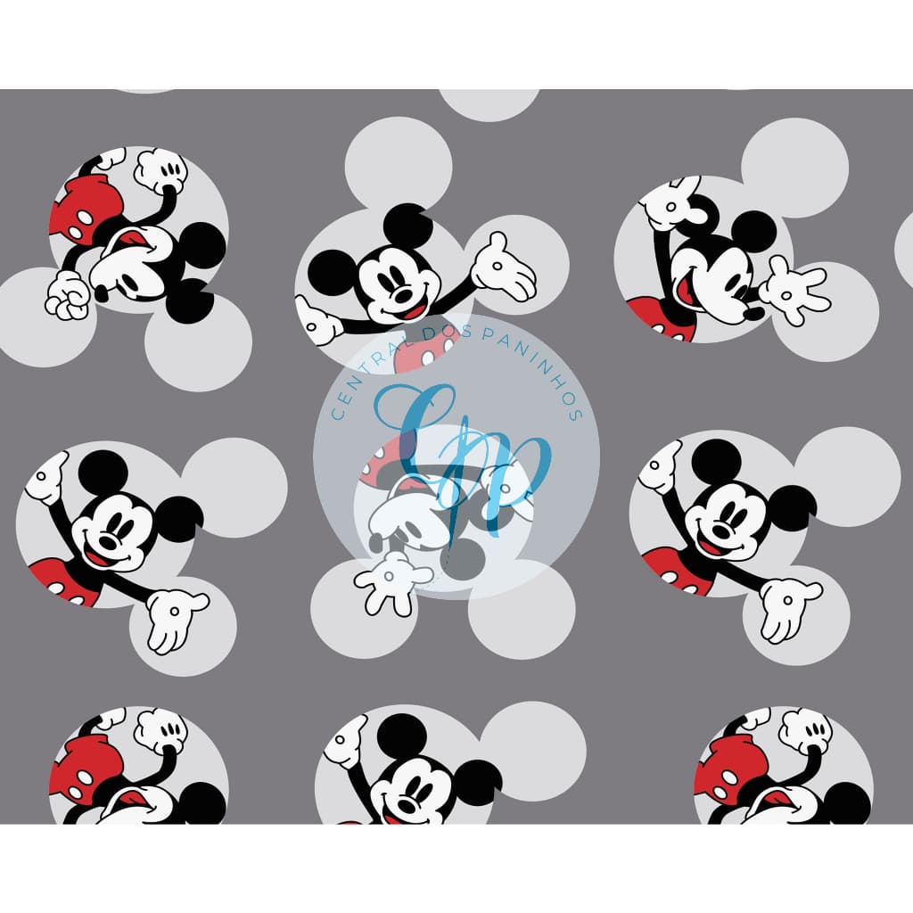 Sintético Doll Estampado - Mickey carinhas - fundo cinza -  0,50 x 1,38