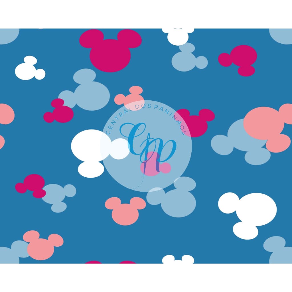 Sintético Doll Estampado - Mickey e minnie - cabeça - fundo azul -  0,50 x 1,38