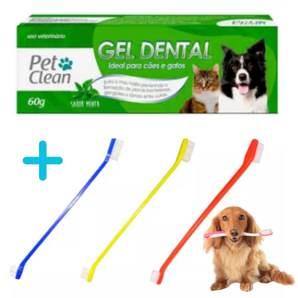 Kit  Pasta de Dente Gel Dental Pet Clean 60g Sabores + Escova Dental Dupla