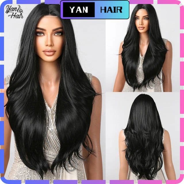 YAN-HAIR Peruca orgânico ondulado  70cm Preta  Premium Com Silk Top100%rgânica
