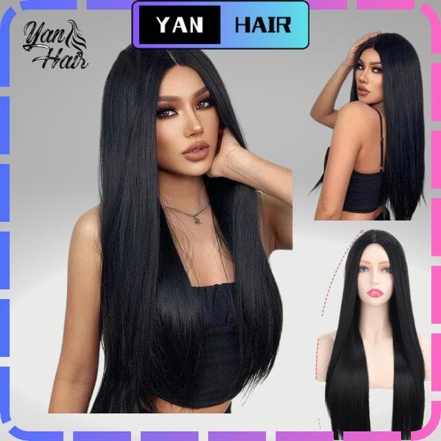 YAN-HAIR Peruca orgânico liso  70cm Preta  Premium Com Silk Top100%rgânica