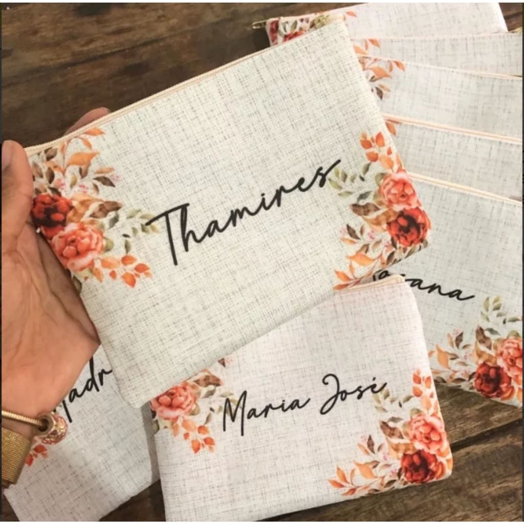 2 Necessaire Personalizada com nome estampa Linho, Floral Terracota diversas cores, casamento, madrinhas, noiva