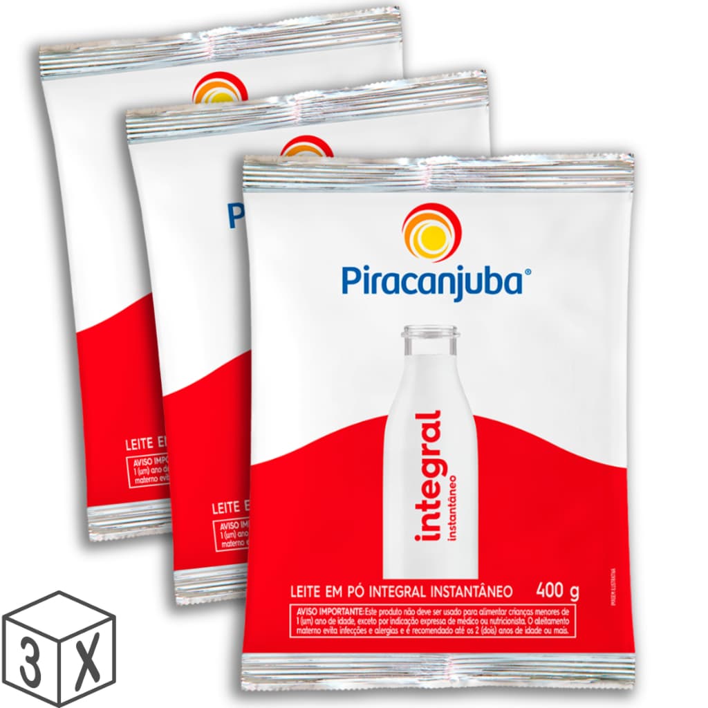 Pack 3 unidades Leite em Pó Integral Instantâneo Piracanjuba 400g - Kit com 3x400g