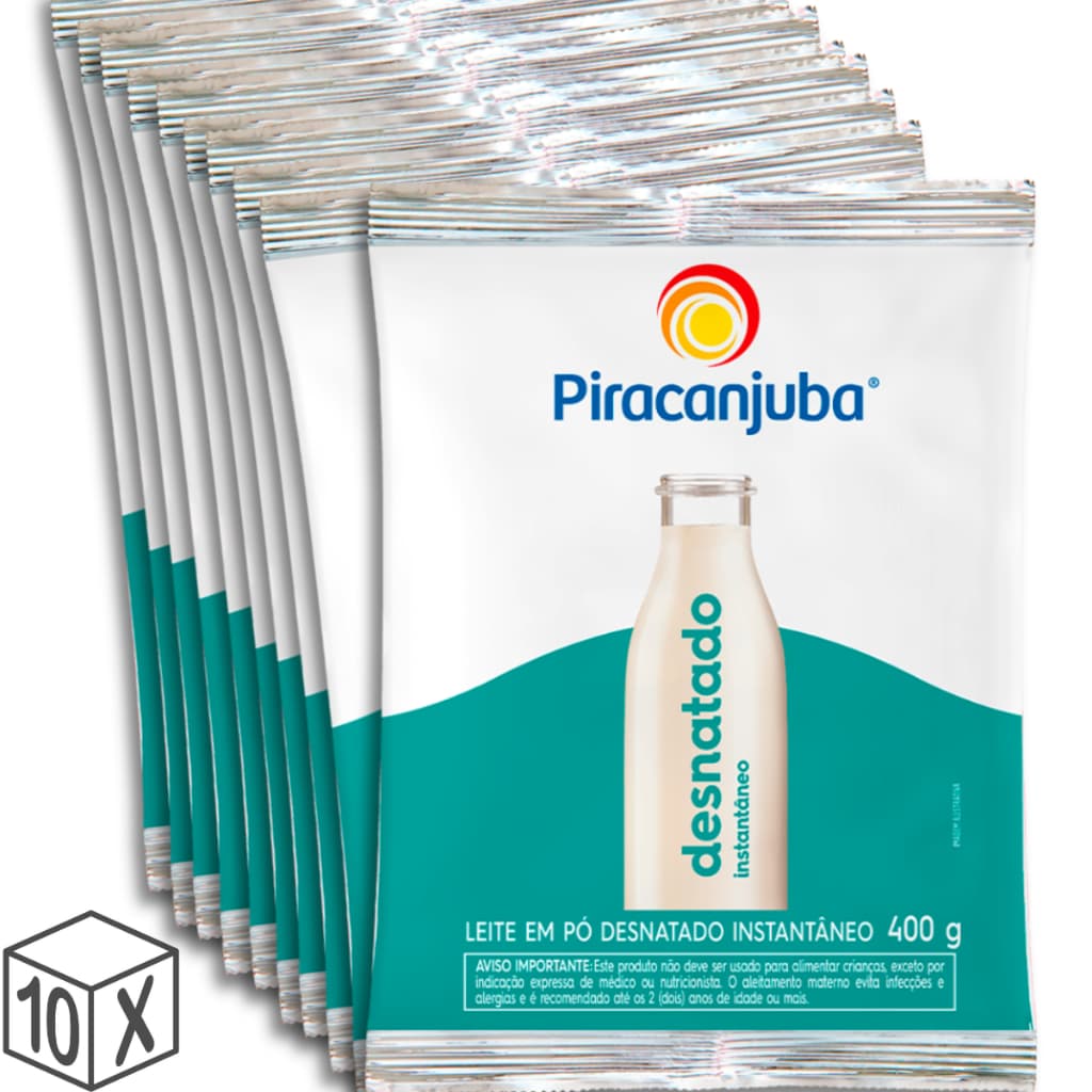 Pack 10 unidades Leite em Pó Desnatado Instantâneo Piracanjuba 400g - Kit com 10x400g