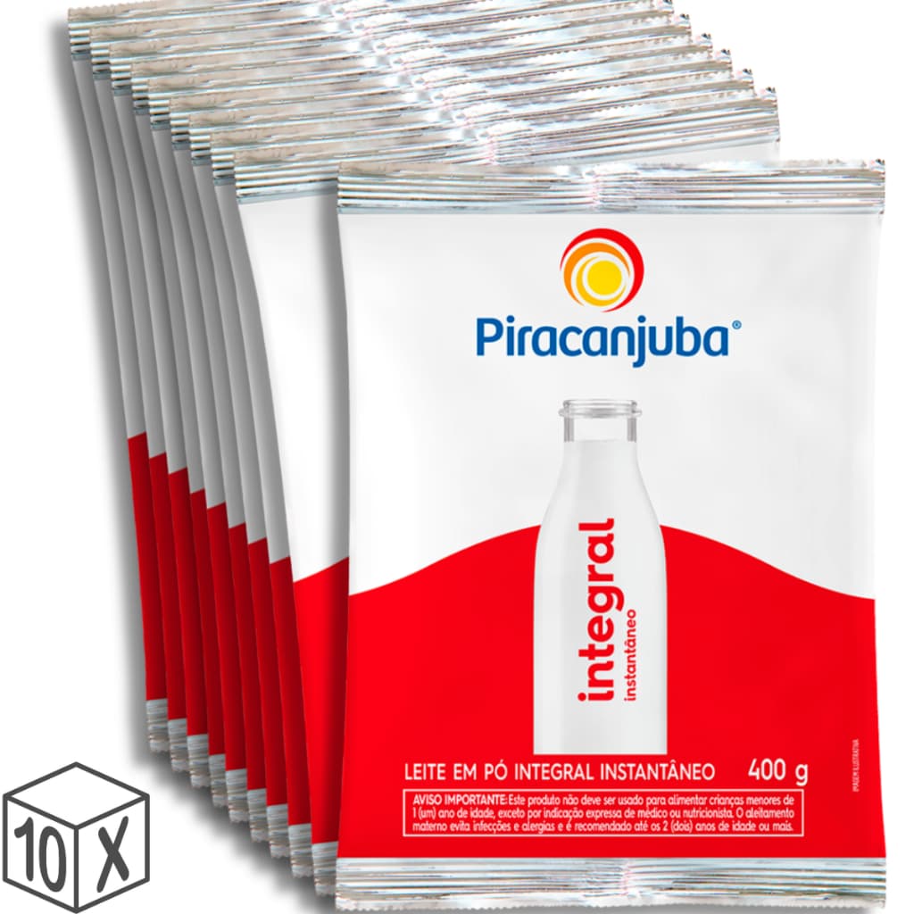 Pack 10 unidades Leite em Pó Integral Instantâneo Piracanjuba 400g - Kit com 10x400g