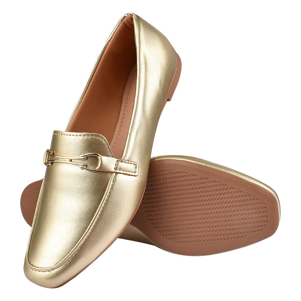 Sapato Feminino Mocassim Confortável Rasteira Social Moda Trabalho Novo Loafer Sapatilha Metalizado Enfeite