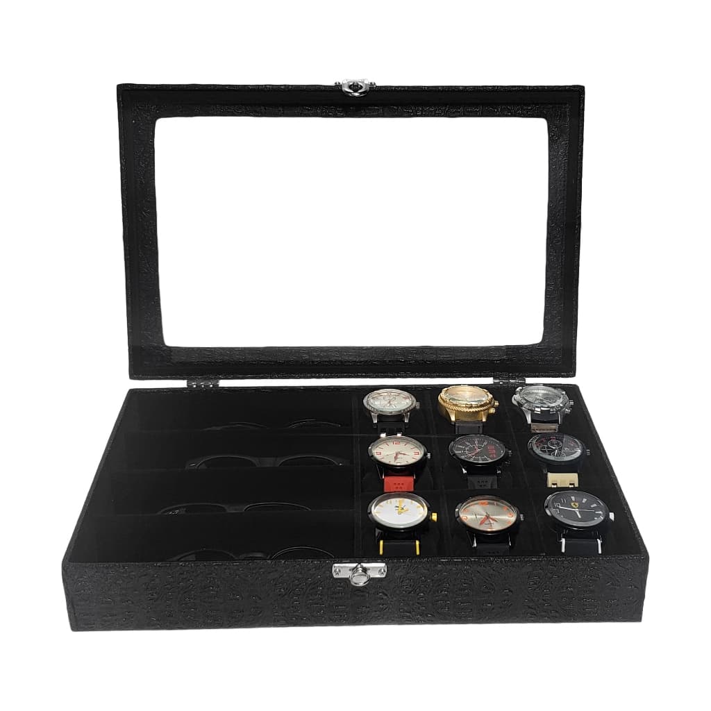 Estojo Caixa para 9 Relógios e 4 Óculos Preto com Interno Aveludado Preto