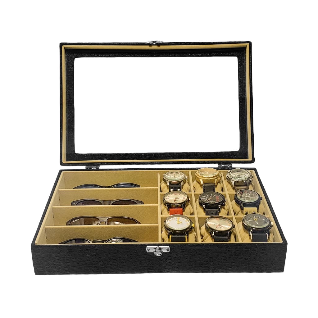 Estojo Caixa para 9 Relógios e 4 Óculos Preto com Interno Aveludado Bege