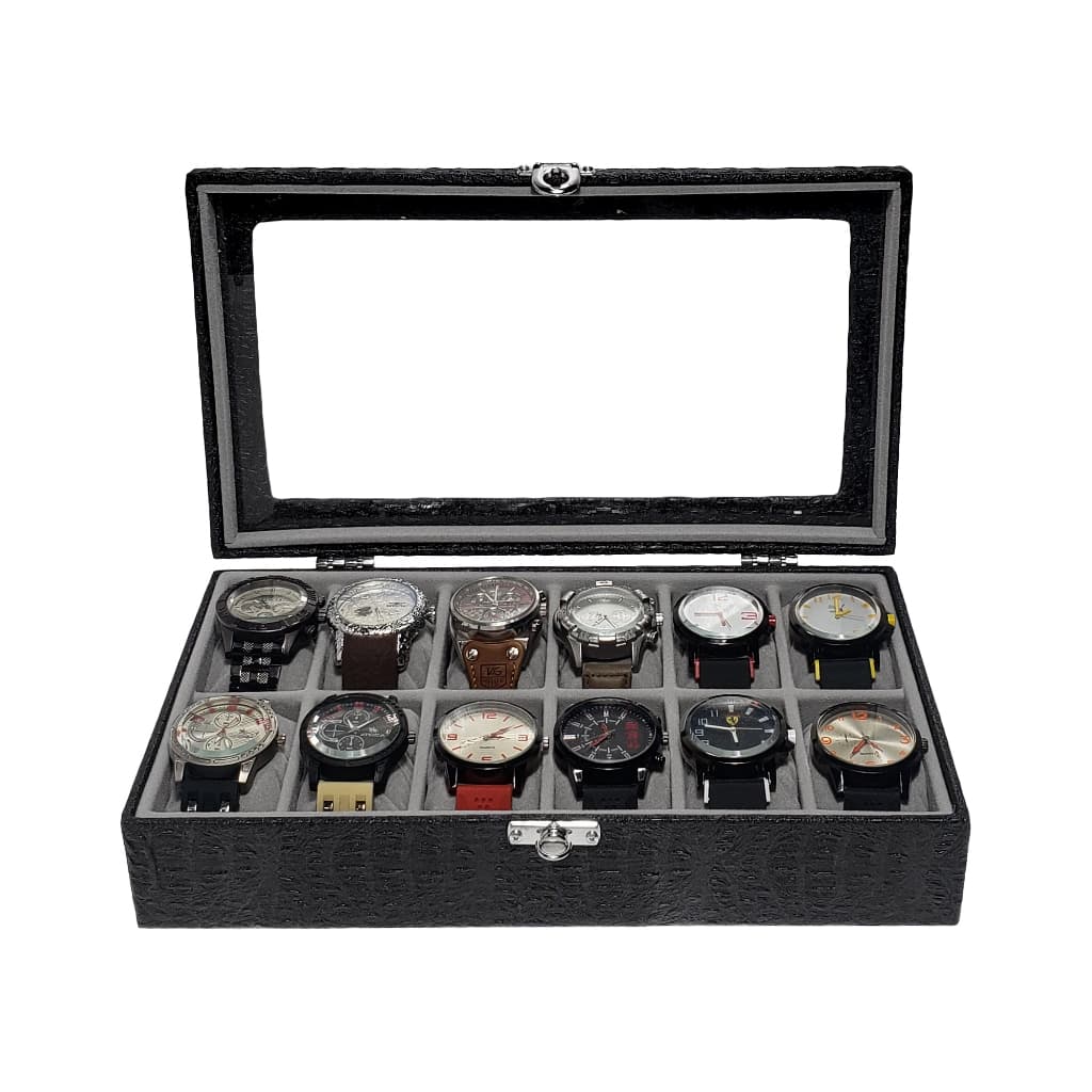Estojo Para 12 Relógios externo Preto com interno aveludado Cinza