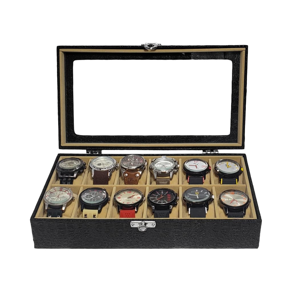 Estojo Para 12 Relógios externo Preto com interno aveludado Bege