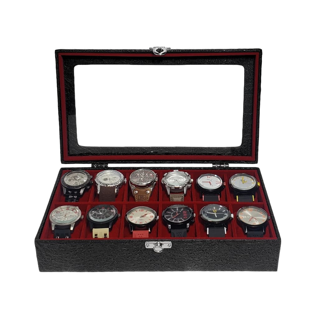 Estojo Para 12 Relógios externo Preto com interno aveludado Vermelho