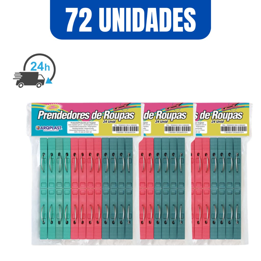 Pregador Prendedor de Roupas Kit 72 Unidades Plástico Mordida Forte Resistente