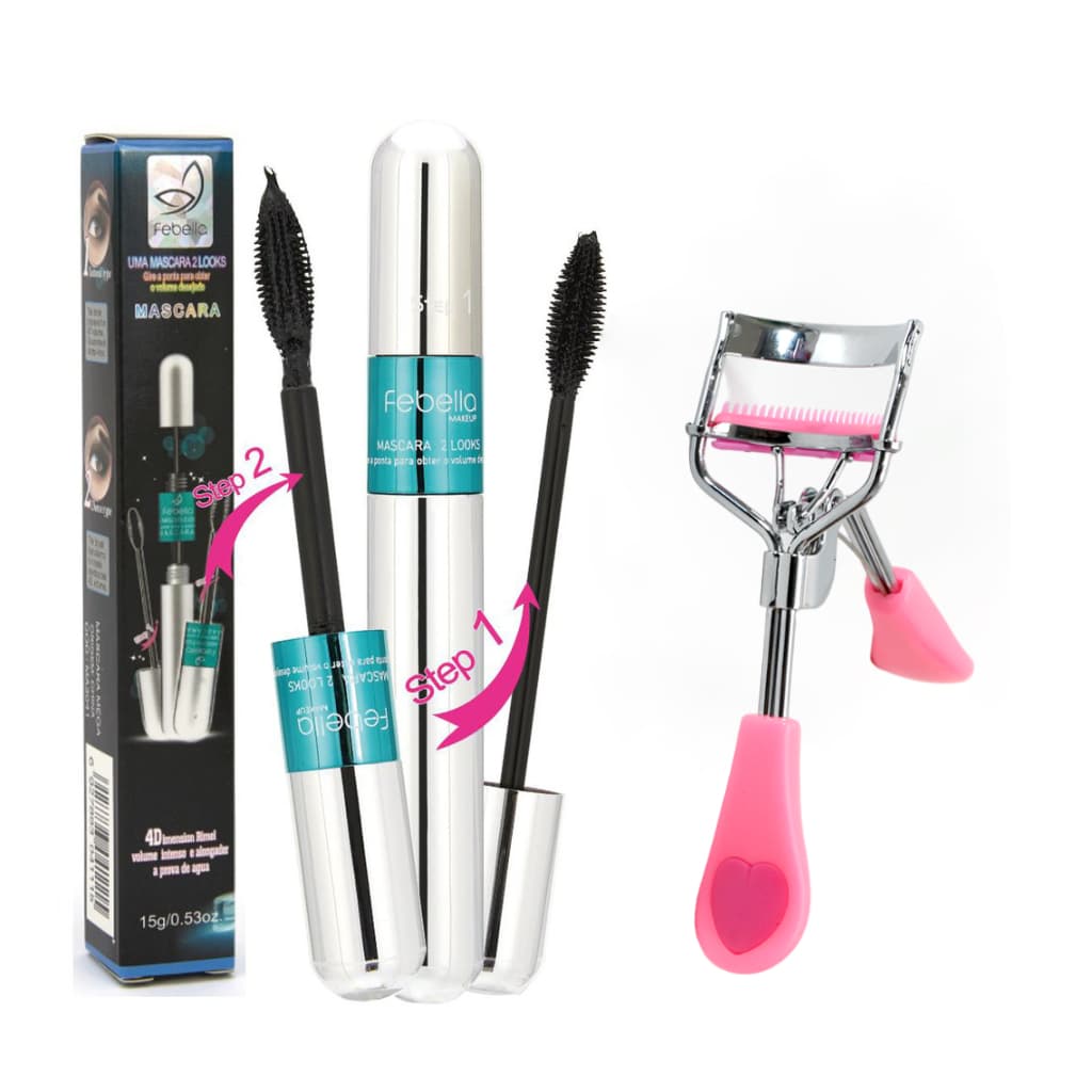 Máscara de Cílios Alonga Define e Curvex  Super Volume Rímel prova d' água 2 Em 1 Kit Curvatura Estremo Maquiagem Febella
